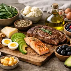 Une assiette keto avec steak, saumon, avocat, œufs, baies, noix, fromage et légumes verts.