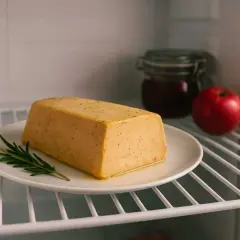 Bloc de foie gras frais sur une assiette, prêt à être découpé en tranches. Une pomme rouge et un pot de confiture sont à proximité dans le réfrigérateur.