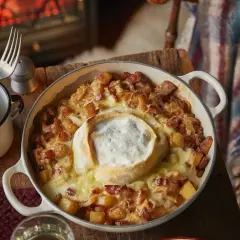 Un plat de tartiflette fumant, avec son fromage fondant au centre. Qui a inventé la tartiflette ? Ce plat savoyard réconfortant.