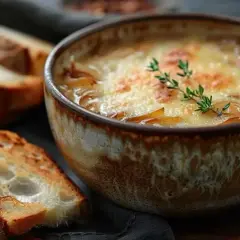 Un bol de soupe à l'oignon gratinée, avec son fromage doré et quelques tranches de pain grillé à côté.