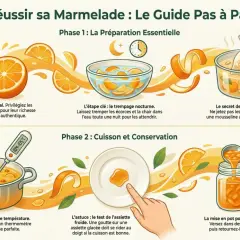 Guide pour réussir sa marmelade. Il explique la différence entre marmelade et confiture par la préparation, cuisson et conservation des fruits.