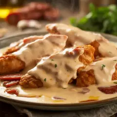 Morceaux de poulet pané nappés d'une onctueuse sauce crémeuse avec des morceaux de chorizo.