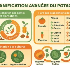 Illustration sur la planification d'un potager : calendrier, rotation des cultures et association de plantes en permaculture.