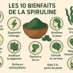 Infographie illustrant les 10 bienfaits de la spiruline : renforce l'immunité, augmente l'énergie, détoxifie le corps, améliore la digestion, riche en antioxydants, améliore la peau, renforce les os, stimule le cerveau, aide à la perte de poids, régule...