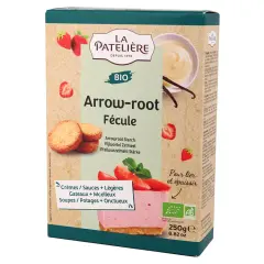 Boîte de fécule Arrow-root bio de La Patelière, illustrée de fraises, biscuits et d'une part de gâteau rose. Idéal pour lier et épaissir vos préparations.