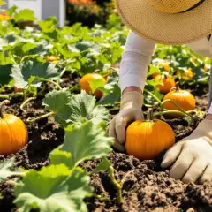 Un jardinier en chapeau de paille et gants vérifie de petites citrouilles dans un champ. C'est le moment idéal pour savoir quand planter des citrouilles.
