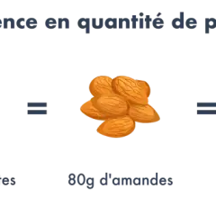 Le graphique montre qu'un végétalien peut obtenir ses protéines de diverses sources : 100g de bœuf équivalent à 300g de lentilles, 80g d'amandes, 250g de tofu ou 4 œufs.