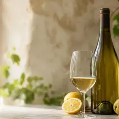 Verre de vin blanc, bouteille, citrons et raisins. Parfait pour savoir que manger avec un sauvignon blanc.