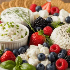 Plateau de fromages frais, fruits rouges, mûres, myrtilles et crackers. Un délice visuel qui donne envie de connaître le tableau calorique des fromages.