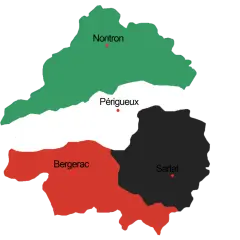 Carte du Périgord divisé en Périgord Vert (Nontron), Périgord Blanc (Périgueux), Périgord Pourpre (Bergerac) et Périgord Noir (Sarlat).