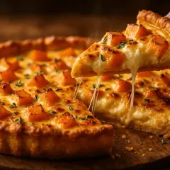 Une part de tarte courge et chèvre fondante, avec du fromage filant et des dés de courge dorés, garnie de thym frais.