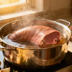 Une langue de bœuf mijote dans une casserole, prête pour une recette savoureuse. Oignons, ail et herbes aromatiques sont disposés autour.
