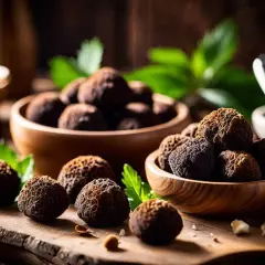Des truffes noires, trésors du pays de la truffe, reposent dans des bols en bois, promesse d'arômes subtils.