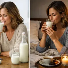 Femme savourant un verre de kéfir, au petit-déjeuner ou au lit. Un moment de bien-être pour savoir quand boire du kéfir.