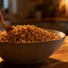 Une main remue des pois chiches dans un bol. Voici une idée pour comment manger les pois chiches : en salade, en houmous, ou rôtis.