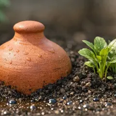 Olla en terre cuite arrosant un jeune plant. Le sol argileux, avec ses avantages et inconvénients, retient l'eau.