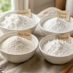 Quatre bols de poudres blanches : fécule de maïs, fécule de pomme de terre, farine de riz et arrow-root. Des alternatives pour remplacer l'arrow-root.