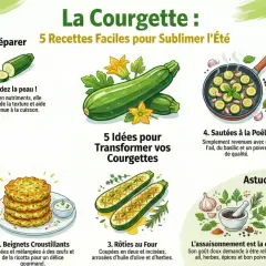Infographie sur la courgette : 5 recettes faciles pour l'été. Choisir de petites courgettes, garder la peau. Idées : zoodles, beignets, rôties, sautées, tiges bouillies. Semis courgette combien de temps ?