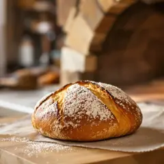 Un pain doré, saupoudré de farine, prêt à être dégusté. La préfou recette traditionnelle, tout juste sorti du four à bois.