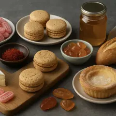 Délicieuses spécialités françaises par région : macarons, bonbons, fromage, safran, miel, pain et tartelette.