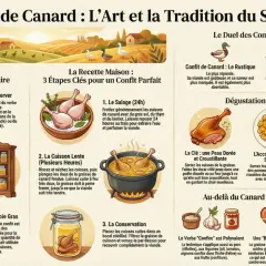 Le confit de canard, un plat rustique du Sud-Ouest, est comparé à l'oie. Le conflit de canard est une tradition culinaire.