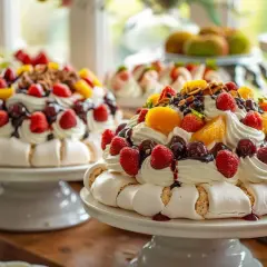 Pavlovas aux fruits, un dessert aérien dont l'origine pays est disputée entre l'Australie et la Nouvelle-Zélande.