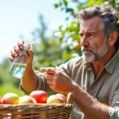 Un homme prépare sa récolte de pommes, tenant un vaporisateur près d'un panier rempli de fruits rouges et jaunes.