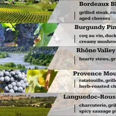 Une liste de vins rouges français, des vignobles de Bordeaux aux grappes de Bourgogne, avec des suggestions d'accords mets.
