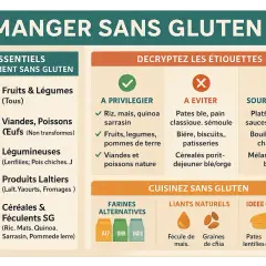 Guide pour manger sans gluten : aliments à privilégier (fruits, légumes, viandes), à éviter (pâtes, pain classique) et sources cachées. Idées gourmandes sans gluten.