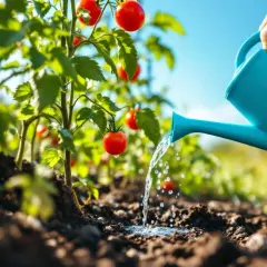 Arrosage tomates mûres sous un ciel bleu. Une main gantée tient un arrosoir bleu versant de l'eau sur la terre.