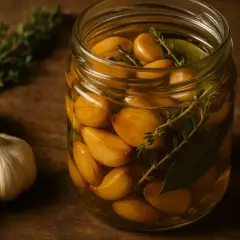 Un bocal rempli d'ail confit, avec des herbes aromatiques. Parfait pour faire de l'ail confit maison.