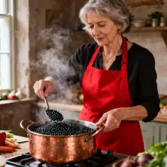 Une femme prépare une recette de lentilles beluga dans sa cuisine. La vapeur s'échappe d'une casserole en cuivre remplie de lentilles noires.