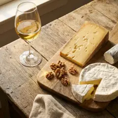 Verre de vin blanc, assortiment de fromage et quelques noix sur une planche en bois. Une dégustation parfaite de vin, fromage et charcuterie.