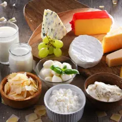 Assortiment de fromages et produits laitiers, dont certains sont considérés comme le meilleur fromage pour la santé.