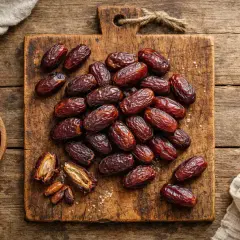 Gros plan sur des dattes Medjool sur une planche en bois. Découvrez les dattes medjool bienfaits pour une collation saine et énergétique.