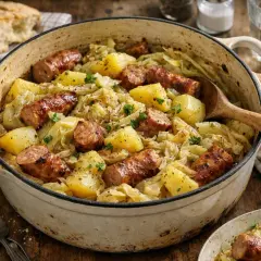 Plat réconfortant de chou braisé, pommes de terre et saucisses grillées, garni de persil frais. Un délice rustique.