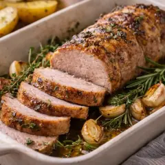Un délicieux médaillon de porc rôti, tranché et servi dans un plat avec des pommes de terre, de l'ail et des herbes. Une recette parfaite pour un repas savoureux.
