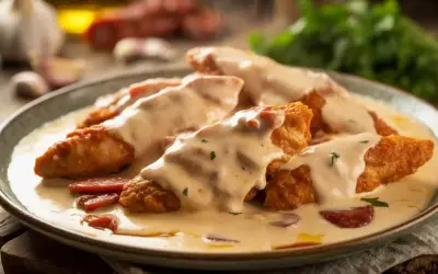 Morceaux de poulet pané nappés d'une onctueuse sauce crémeuse avec des morceaux de chorizo.