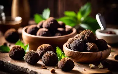 Des truffes noires, trésors du pays de la truffe, reposent dans des bols en bois, promesse d'arômes subtils.