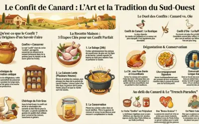 Le confit de canard, un plat rustique du Sud-Ouest, est comparé à l'oie. Le conflit de canard est une tradition culinaire.