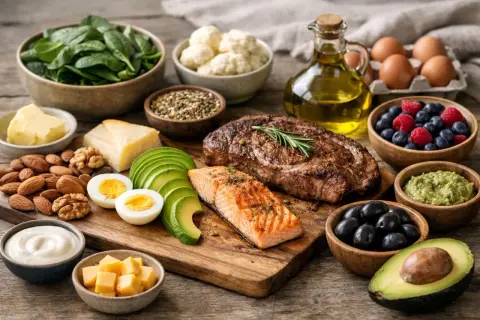 Une assiette keto avec steak, saumon, avocat, œufs, baies, noix, fromage et légumes verts.