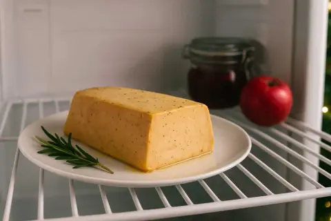 Bloc de foie gras frais sur une assiette, prêt à être découpé en tranches. Une pomme rouge et un pot de confiture sont à proximité dans le réfrigérateur.