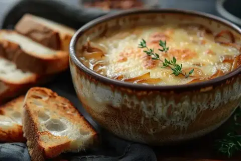 Un bol de soupe à l'oignon gratinée, avec son fromage doré et quelques tranches de pain grillé à côté.