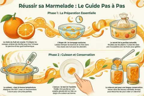 Guide pour réussir sa marmelade. Il explique la différence entre marmelade et confiture par la préparation, cuisson et conservation des fruits.