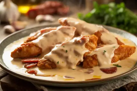 Morceaux de poulet pané nappés d'une onctueuse sauce crémeuse avec des morceaux de chorizo.