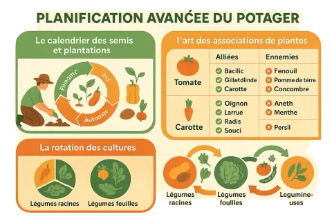 Illustration sur la planification d'un potager : calendrier, rotation des cultures et association de plantes en permaculture.