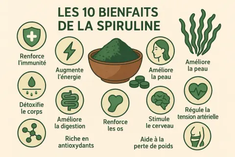 Infographie illustrant les 10 bienfaits de la spiruline : renforce l'immunité, augmente l'énergie, détoxifie le corps, améliore la digestion, riche en antioxydants, améliore la peau, renforce les os, stimule le cerveau, aide à la perte de poids, régule...