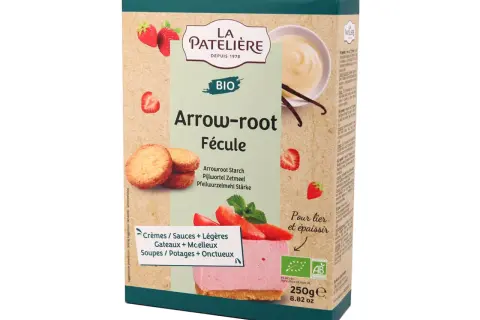 Boîte de fécule Arrow-root bio de La Patelière, illustrée de fraises, biscuits et d'une part de gâteau rose. Idéal pour lier et épaissir vos préparations.