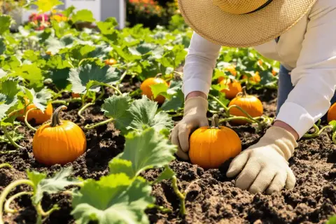 Un jardinier en chapeau de paille et gants vérifie de petites citrouilles dans un champ. C'est le moment idéal pour savoir quand planter des citrouilles.