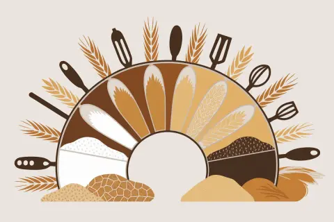 Illustration d'ustensiles de cuisine et d'épis de blé entourant un éventail de différentes farines, dont la farine de froment gluten, symbolisant la boulangerie.